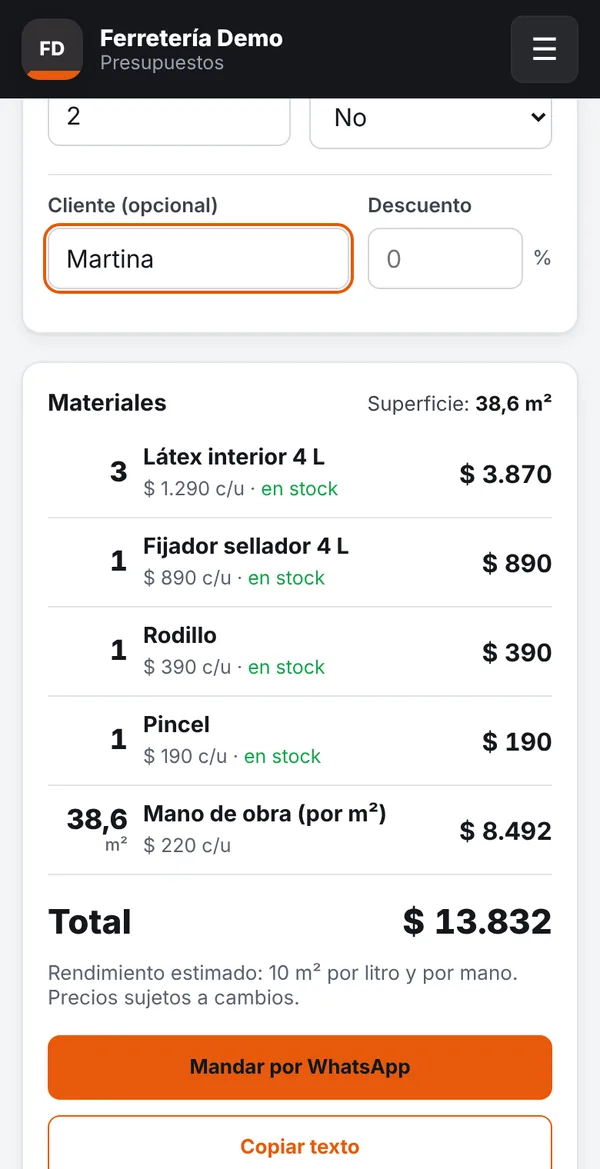 Presupuesto de pintura con materiales y total